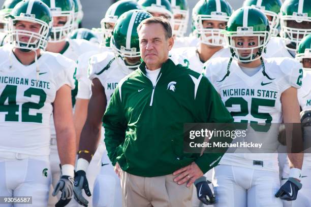 Mark Dantonio head coach of the Michigan State Spartans prepares to lead his team out on the field before action against the Purdue Boilermakers at...