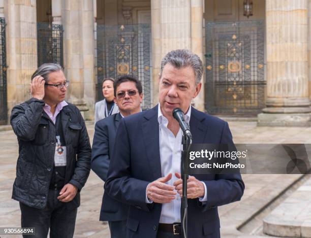 Colombian President Juan Manuel Santos makes a speech after casting his vote during Colombian parliamentary elections at Congress of Colombia in...