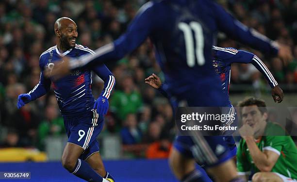 France forward Nicolas Anelka celebrates after scoring during the FIFA 2010 World Cup Qualifier play off first leg between Republic of Ireland and...