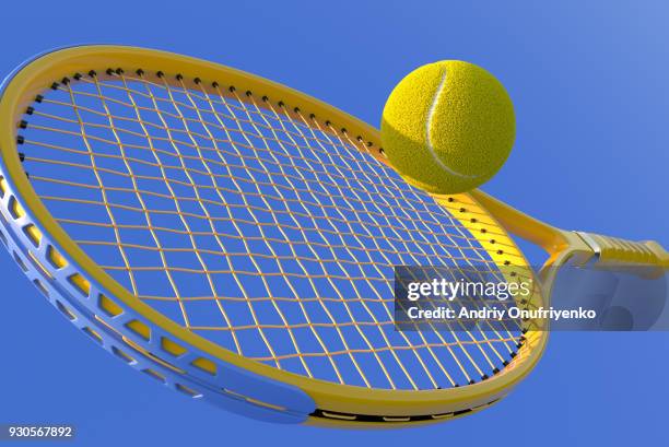 tennis racket hit ball close up - tennis raquet close up photos et images de collection