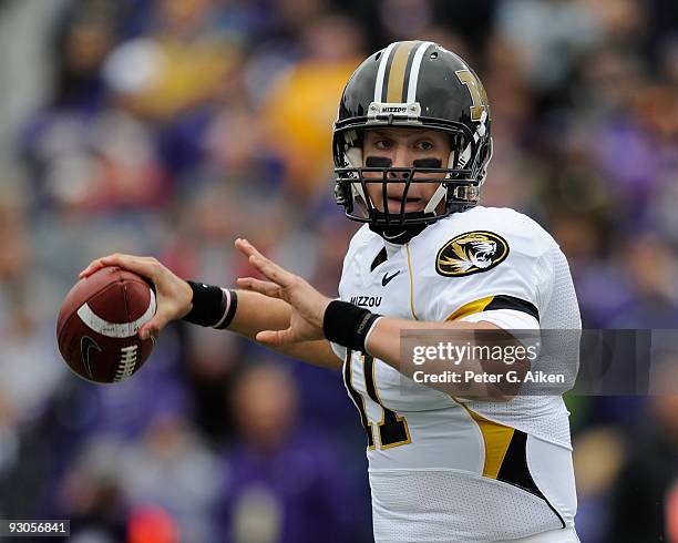 Quarterback Blaine Gabbert of the Missouri Tigers gets ready to throw the ball down field in the first quarter against the Kansas State Wildcats on...