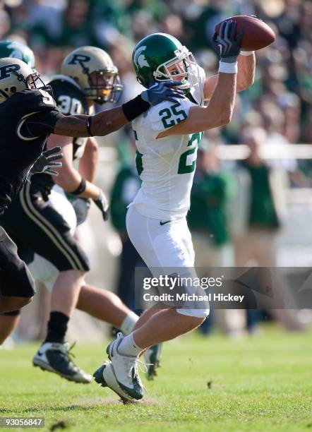 Blair White of the Michigan State Spartans catches a pass before eventually fumbling during action against the Purdue Boilermakers at Ross-Ade...