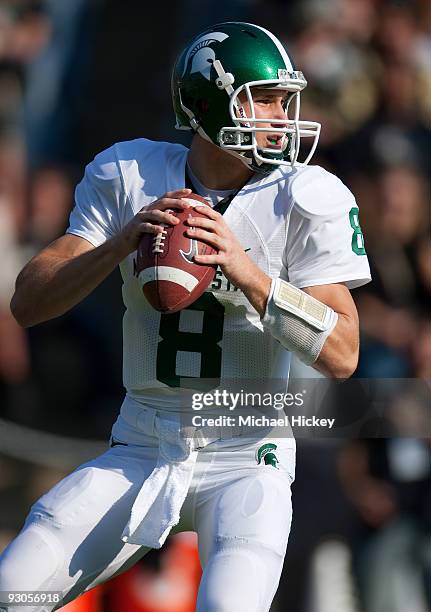 Kirk Cousins of the Michigan State Spartans seen during action against the Purdue Boilermakers at Ross-Ade Stadium on November 14, 2009 in West...