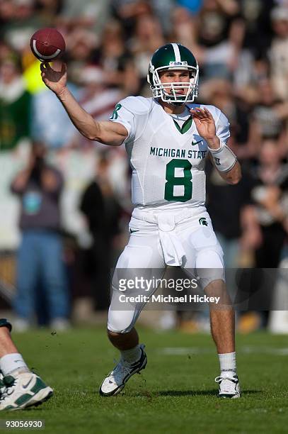 Kirk Cousins of the Michigan State Spartans seen during action against the Purdue Boilermakers at Ross-Ade Stadium on November 14, 2009 in West...