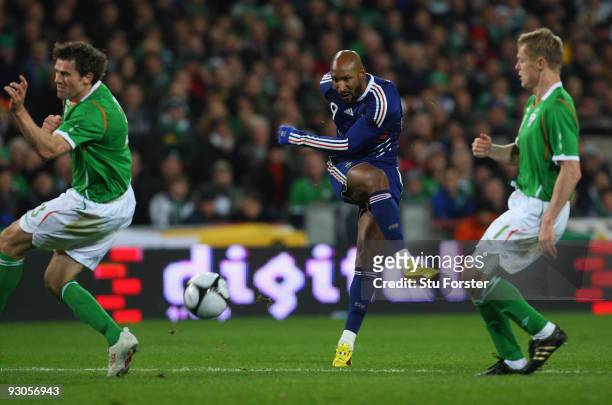 France forward Nicolas Anelka gets in a shot at goal during the FIFA 2010 World Cup Qualifier play off first leg between Republic of Ireland and...
