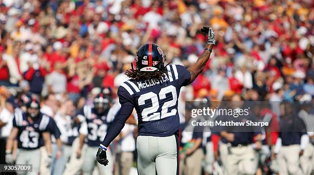 Dexter McCluster of the Ole Miss Rebels celebrates one of his four touchdowns against the Tennessee Volunteers at Vaught-Hemingway Stadium on...