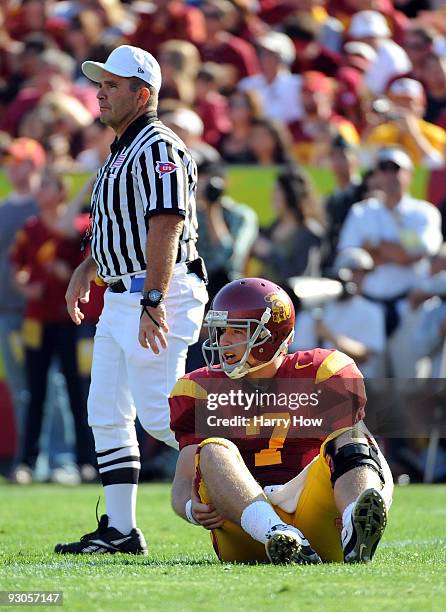 Matt Barkley of the USC Trojans reacts to an incompleted pass on third down against Stanford Cardinal during the first half at the Los Angeles...