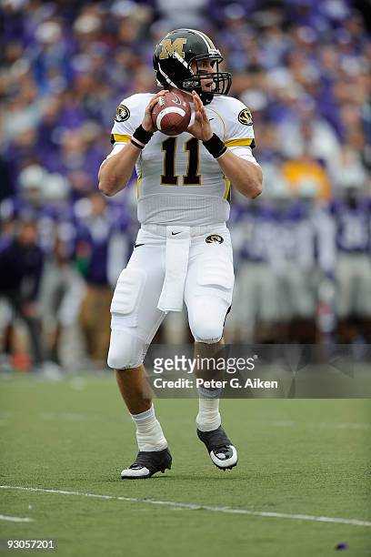 Quarterback Blaine Gabbert of the Missouri Tigers drops back to pass in the first quarter against the Kansas State Wildcats on November 14, 2009 at...