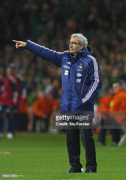 France coach Raymond Domenech makes a point during the FIFA 2010 World Cup Qualifier play off first leg between Republic of Ireland and France at...