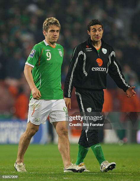 Ireland players Kevin Doyle and Stephen Kelly look on dejectedly after the FIFA 2010 World Cup Qualifier play off first leg between Republic of...
