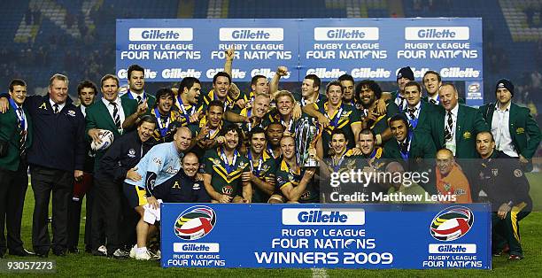 The VB Kangaroos Australia Rugby League Team celebrate winning the Four Nations Grand Final between England and Australia at Elland Road on November...