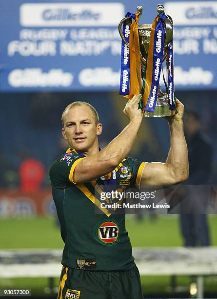 Darren Lockyer of the VB Kangaroos Australia Rugby League Team celebrates winning the Four Nations Grand Final between England and Australia at...