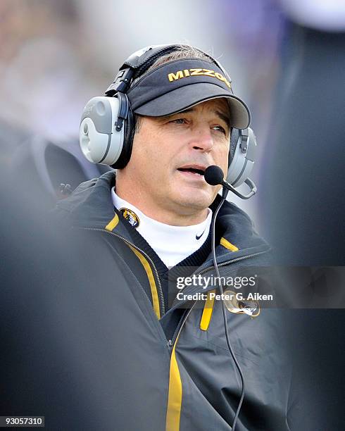 Head coach Gary Pinkel of the Missouri Tigers looks out onto the field during a game against the Kansas State Wildcats on November 14, 2009 at Bill...