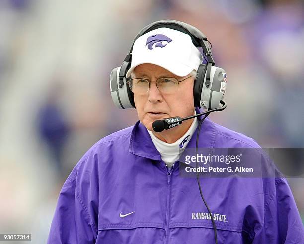 Head coach Bill Snyder of the Kansas State Wildcats looks out onto the field during a game against the Missouri Tigers on November 14, 2009 at Bill...