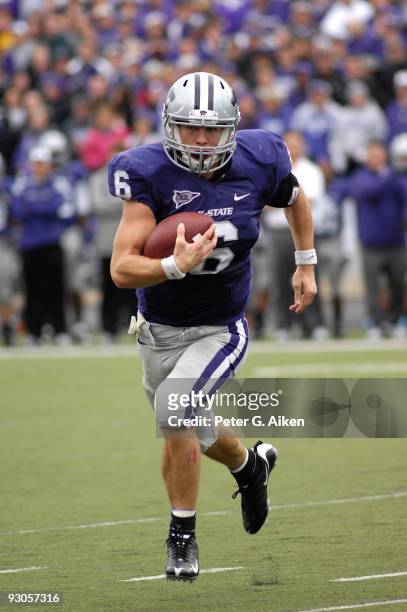 Quarterback Grant Gregory of the Kansas State Wildcats scrambles to the outside during a game against the Missouri Tigers on November 14, 2009 at...