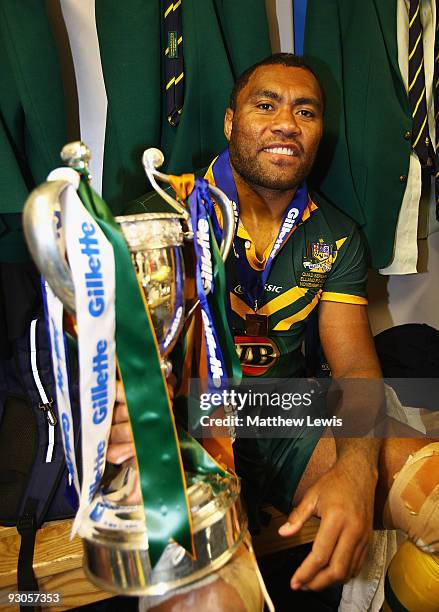 Petero Civoniceva of the VB Kangaroos Australia Rugby League Team celebrates winning the Four Nations Grand Final between England and Australia at...