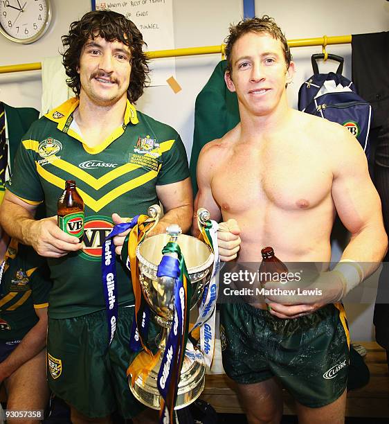 Nathan Hindmarsh and Kurt Gidley of the VB Kangaroos Australia Rugby League Team celebrate winning the Four Nations Grand Final between England and...