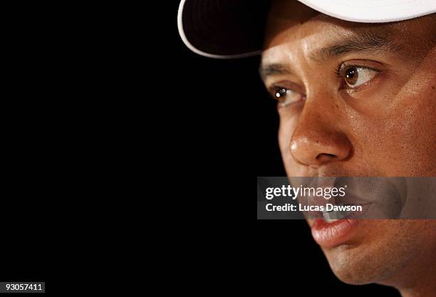 Tiger Woods of the USA speaks to the media at a press conference after round three of the 2009 Australian Masters at Kingston Heath Golf Club on...