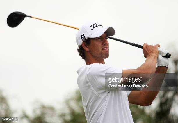 Adam Scott of Australia tees off on the 12th hole during round three of the 2009 Australian Masters at Kingston Heath Golf Club on November 14, 2009...