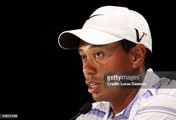 Tiger Woods of the USA speaks to the media at a press conference after round three of the 2009 Australian Masters at Kingston Heath Golf Club on...