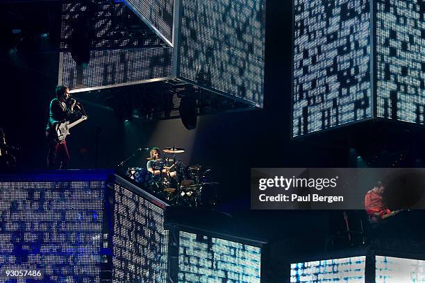 Matthew Bellamy, Dominic Howard and Christopher Wolstenholme of British rock band Muse perform on stage at Ahoy on November 14, 2009 in Rotterdam,...