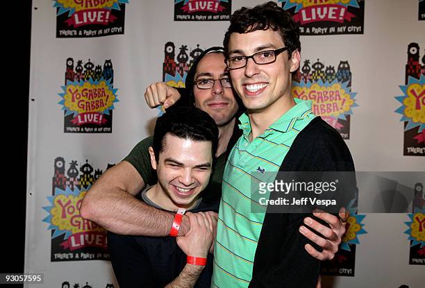 Actors Samm Levine, Martin Starr and John Francis Daley attend the first ever Yo Gabba Gabba! : "There's A Party In My City" live performance at The...