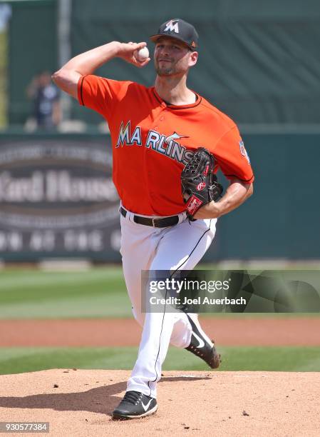 Jacob Turner of the Miami Marlins throws the ball against the New York Yankees during a spring training game at Roger Dean Chevrolet Stadium on March...