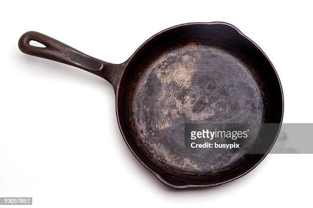 grungy cast iron skillet - frying pan from above stock pictures, royalty-free photos & images
