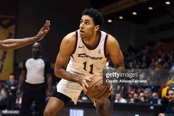 Grant Jerrett of the Canton Charge handles the ball against the Erie BayHawks on March 11, 2018 at Canton Memorial Civic Center in Canton, Ohio. NOTE...