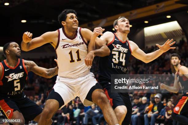 Grant Jerrett of the Canton Charge plays defense against Andrew White III of the Erie BayHawks on March 11, 2018 at Canton Memorial Civic Center in...