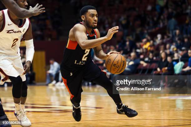 John Gillon of the Erie BayHawks handles the ball against the Canton Charge on March 11, 2018 at Canton Memorial Civic Center in Canton, Ohio. NOTE...