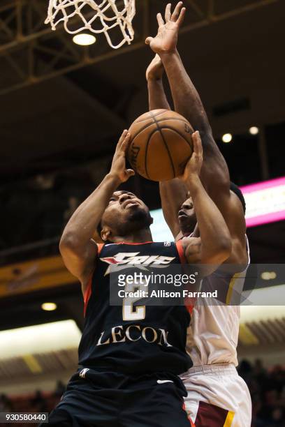 John Gillon of the Erie BayHawks goes to the basket against the Canton Charge on March 11, 2018 at Canton Memorial Civic Center in Canton, Ohio. NOTE...