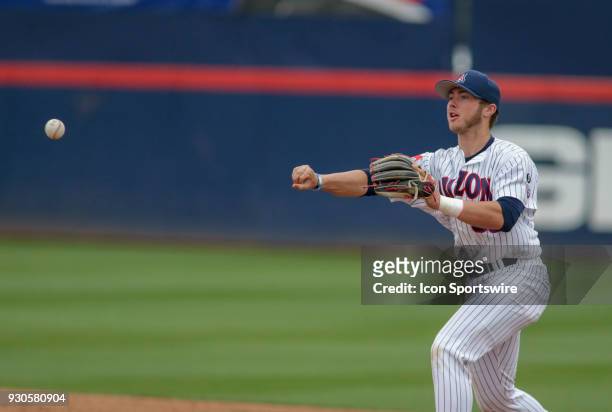 Arizona Wildcats infielder Cameron Cannon throws the ball during a college baseball game between the North Dakota State Bison and the Arizona...