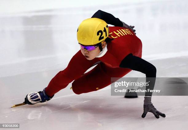 Meng Wang of China skates in the 500m preliminary rounds during the the ISU World Cup Short Track Speedskating Championships at the Benny Event...