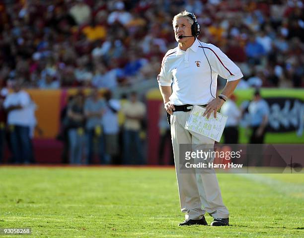 Head Coach Pete Carroll of the USC Trojans reacts after a touchdown to the Stanford Cardinal to trail 42-21 during the second half at the Los Angeles...