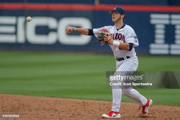 Arizona Wildcats infielder Cameron Cannon throws the ball during a college baseball game between the North Dakota State Bison and the Arizona...