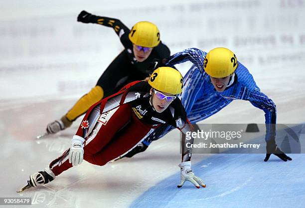 Marianne St. Gelais of Canada leads a pack of skaters in the 500m preliminary rounds during the the ISU World Cup Short Track Speedskating...