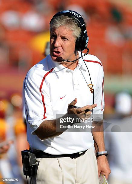 Head Coach Pete Carroll of the USC Trojans questions a non-fumble call in the game against the Stanford Cardinal during the second half at the Los...