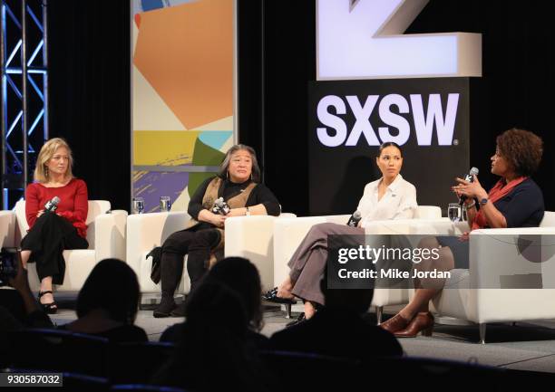 Hilary Rosen, Tina Tchen, Jurnee Smollett-Bell and Fatima Goss Graves attend Time's Up! Shifting the Imbalance of Power speak onstage at SXSW at...