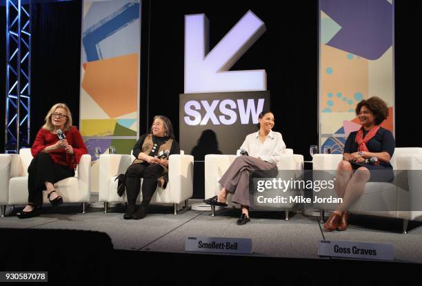 Hilary Rosen, Tina Tchen, Jurnee Smollett-Bell and Fatima Goss Graves attend Time's Up! Shifting the Imbalance of Power speak onstage at SXSW at...