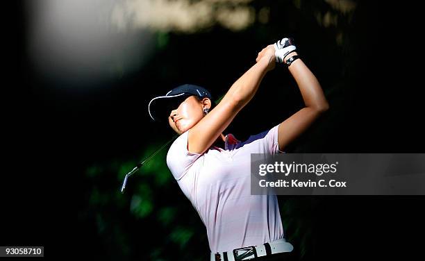 Michelle Wie of the United States plays her second shot on the fifth hole during the third round of the Lorena Ochoa Invitational Presented by...