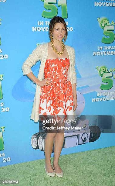 Actress Jessica Biel arrives to the Los Angeles premiere of 'Planet 51' at Mann Village Theatre on November 14, 2009 in Westwood, California.