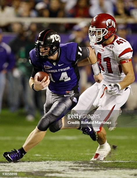 Quarterback Andy Dalton of the TCU Horned Frogs runs with the ball in the first quarter against the Utah Utes at Amon G. Carter Stadium on November...