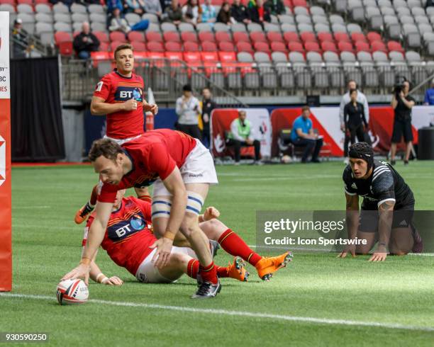Scott Riddell of Scotland scores during Game- New Zealand vs Scotland Pool D match at the Canada Sevens held March 10-11, 2018 in BC Place Stadium in...
