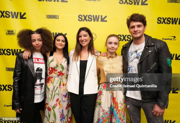 Actors Hayley Law, Camila Mendes, director Carly Stone, actor Jessica Barden and actor Brett Dier attend the premiere of "The New Romantic" during...