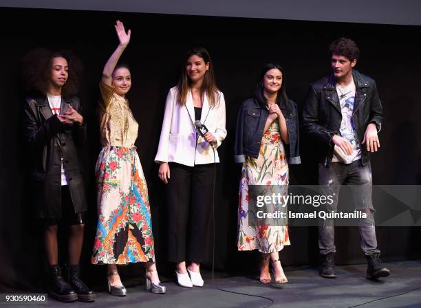 Actors Hayley Law, Camila Mendes, director Carly Stone, actor Jessica Barden and actor Brett Dier speak onstage at the premiere of "The New Romantic"...