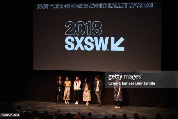 Actors Hayley Law, Camila Mendes, director Carly Stone, actor Jessica Barden and actor Brett Dier speak onstage at the premiere of "The New Romantic"...