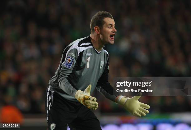 Ireland goalkeeper Shay Given makes a point during the FIFA 2010 World Cup Qualifier play off first leg between Republic of Ireland and France at...