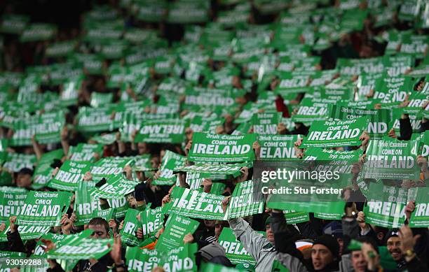 Republic of Ireland fans show their support before the FIFA 2010 World Cup Qualifier play off first leg between Republic of Ireland and France at...