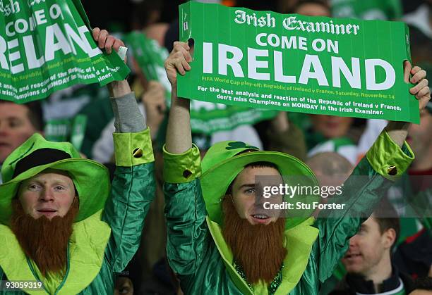 Republic of Ireland fans show their support before the FIFA 2010 World Cup Qualifier play off first leg between Republic of Ireland and France at...